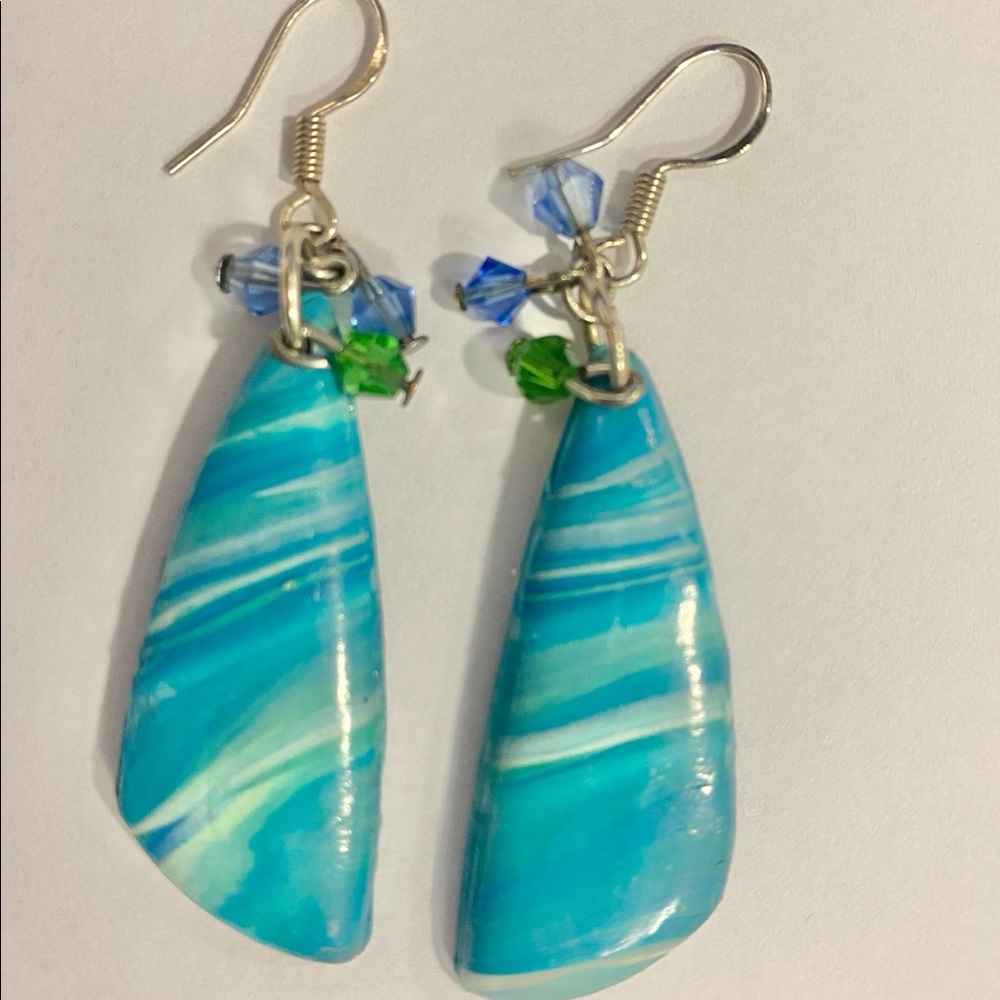 Blue Striped Polymer Clay Drop Dangle Earrings